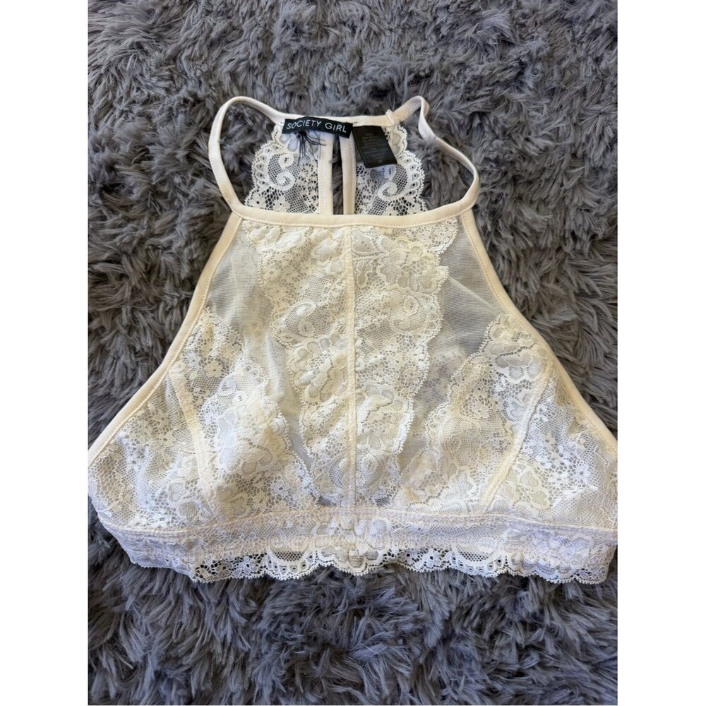 Society Ivory Lace Halter Bralette with Sheer Floral Lace